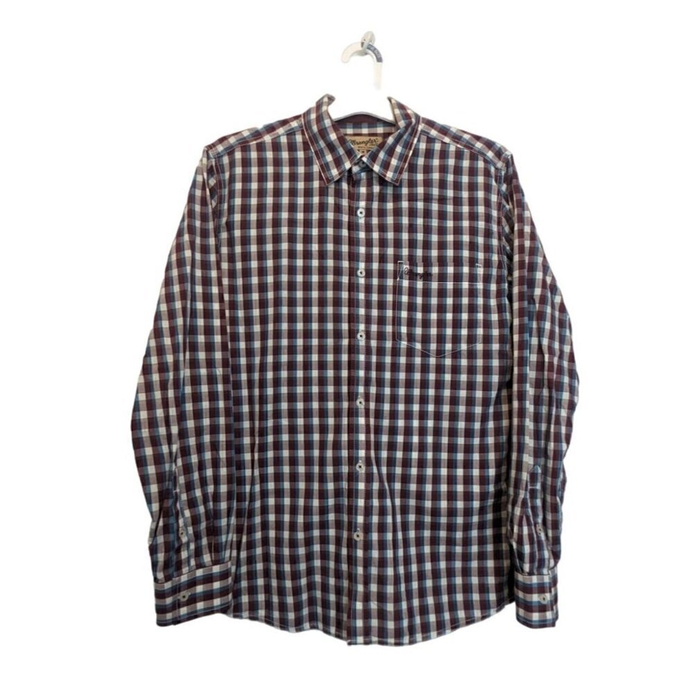 Wrangler North Carolina Cotton Long Sleeve Button Up Mens Shirt Red Blue Plaid M